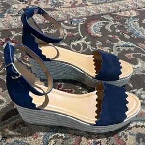 NWOT J. Crew Blue Wedge Sandals with Scalloped Edge